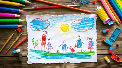 Childlike drawing of a family and nature on paper. Concept of childhood creativity, family bonding, artistic expression. Kids drawing on a sheet of paper