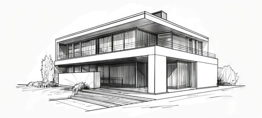 Architectural sketch of modern residential building, urban design, concept of architecture, city living, architectural drawing. Isolated on white background