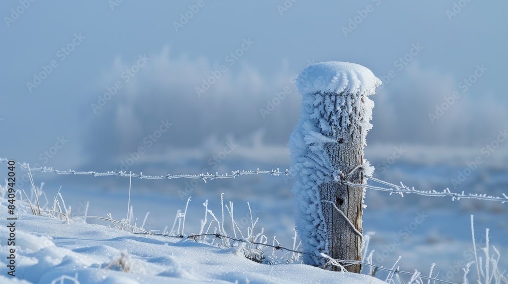 Poster a fence post covered in a thick layer of rime ice giving it a ghostly appearance.