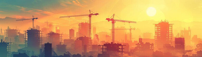Cityscape at Sunset with Construction Cranes