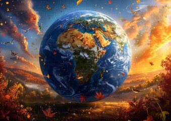 Stunning Visualization of Earth with Autumn Colors: Conceptual Artwork Showcasing Planet Earth Surrounded by Seasonal Fall Foliage and Sky