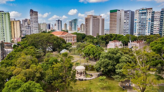 Bel&eacute;m, Par&aacute;. Aerial view of Pra&ccedil;a da Rep&uacute;blica and Teatro da Paz with the buildings of the city of Bel&eacute;m around