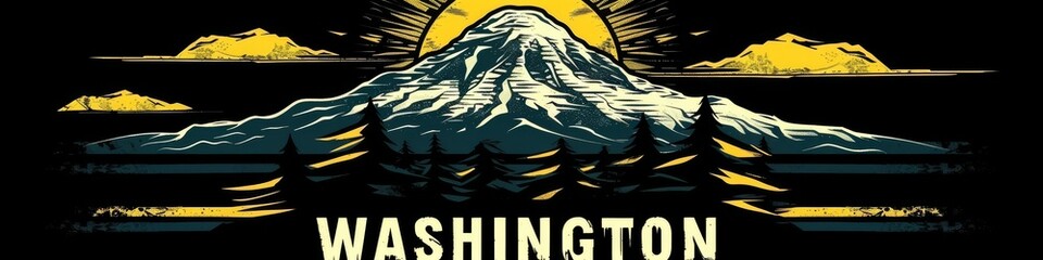 Washington State Mountain Sunset Illustration with Pine Trees and Horizon in Black and Gold Artistic Design