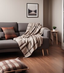 Modern Minimalist Living Room with Neutral Colors, Cozy Sofa, Plaid Blanket, and Blank Frame
