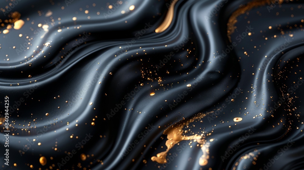 Poster the artwork features dark metallic textures, fluid waves, and scattered speckles, creating a visuall