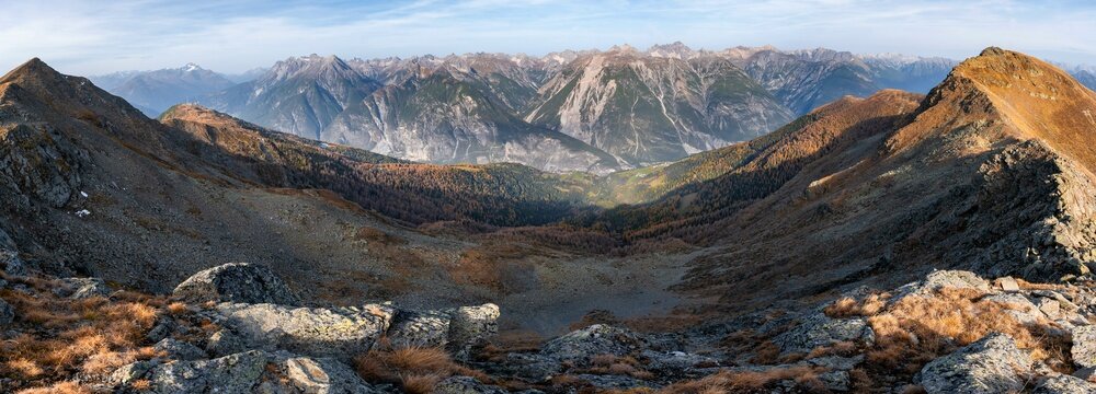 Panorama, view from the ridge of the Venet to the mountain panorama of the Parzinn group of the Lechtal Alps, yellow larches in autumn, Venet crossing, Oetztal Alps, Tyrol, Austria, Europe