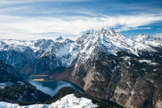 View from Jenner to Koenigssee and Watzmann, Berchtesgaden National Park, Berchtesgaden Alps, Schoenau am Koenigssee, Berchtesgadener Land, Bavaria, Germany, Europe