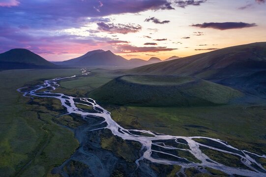 Aerial view, volcanic crater, interlaced river, Landmannalaugar region, Icelandic highlands, Iceland, Europe