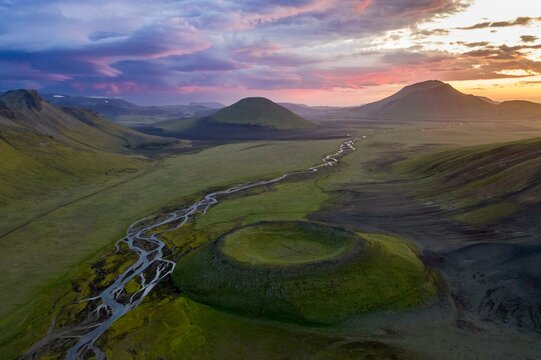 Aerial view, volcanic crater, interlaced river, Landmannalaugar region, Icelandic highlands, Iceland, Europe