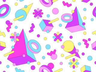 Memphis geometric seamless pattern with 3D shapes in 80s and 90s style. Isometric geometric 3D shapes. Colorful geometric background design for wrappers, covers and wallpapers. Vector illustration