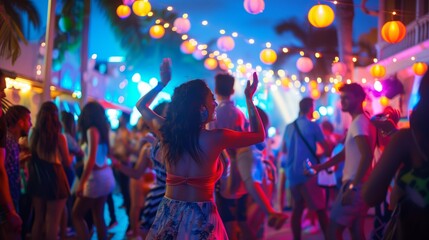 A lively music festival with dancing, live performances, and vibrant lights creating joyful excitement.