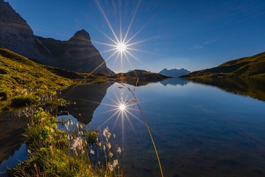 Sunset, Lake Rappensee, behind it Kleiner Rappenkopf, 2276m, Allgaeu Alps, Allgaeu, Bavaria, Germany, Europe