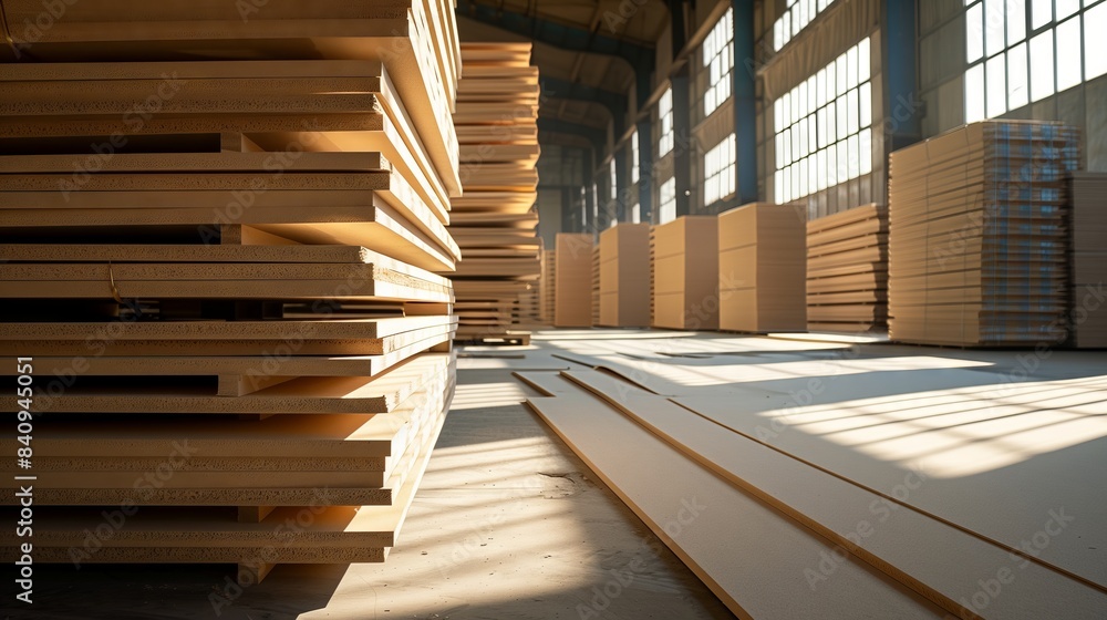 Aufkleber stacked mdf boards in a warehouse, sunlight casting intricate shadows, creating a play of light and 