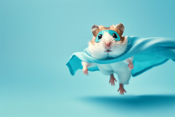 Adorable superhero Syrian hamster with a cloak isolated on blue background. Cute pets. High quality photo