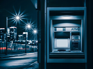 Cajero automático ATM de noche en la ciudad