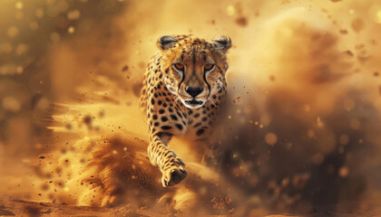 Wide-angle view of cheetah running in desert. Concept of speed and agility by AI generated image