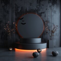 Podium product presentation with halloween background for product presentation. Mockup for branding, packaging.