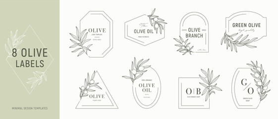 Olive label templates set with olive branches in minimal linear style. Vector leaves and olive fruits.