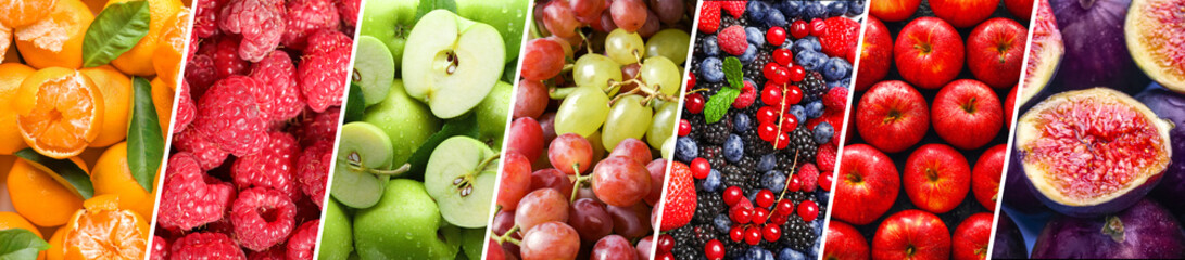 Collage with different sweet berries and fruits