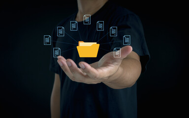 Document management system (DMS) concept. Business people hold folder and document icon software,...