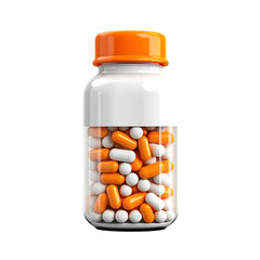 pill bottle with orange lids and orange pills blank white label pannel across the bottle on an isolated white background
