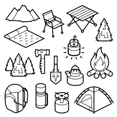 Travel camping set. Tourist equipment for survival in outdoor.