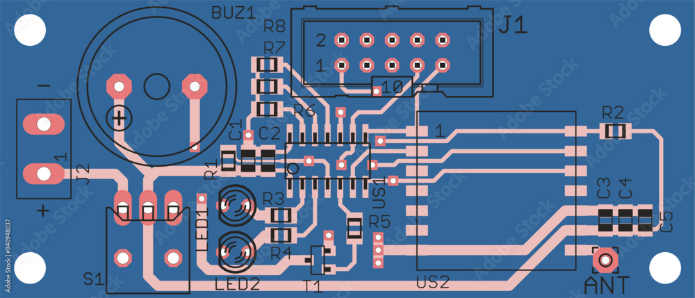 Poster vector printed circuit board of electronic device with components of radio elements, conductors and 