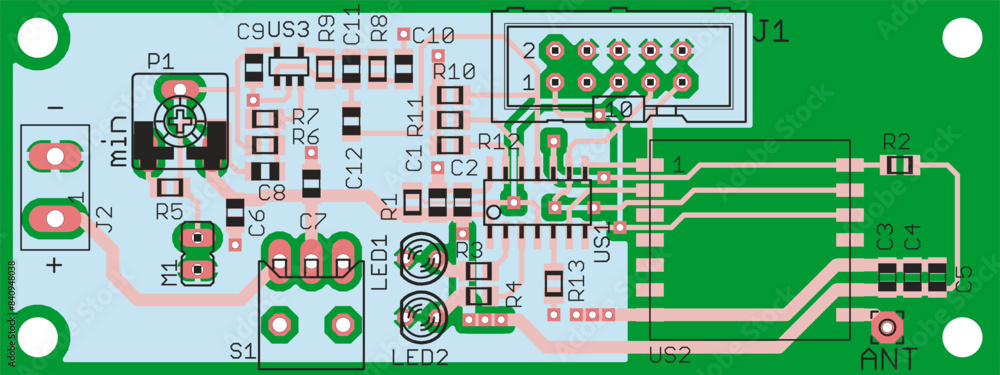 Poster vector printed circuit board of electronic device with components of radio elements, conductors and 