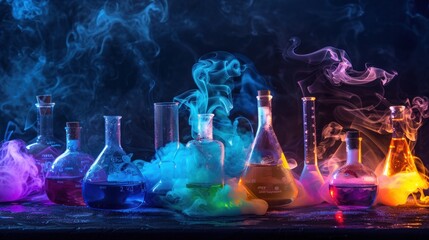 Chemical reaction tube with colorful smoke in black background