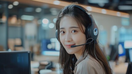 A woman in a telemarketing call center helping, talking or networking online through a microphone with a computer in the background