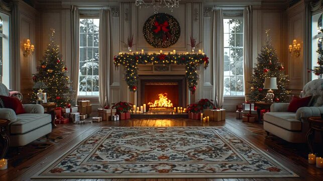 Elegant Old Victorian living room christmas background. seamless looping time-lapse virtual 4k video animation