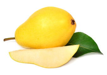 Yellow pear whole and half with leaves isolated on white background