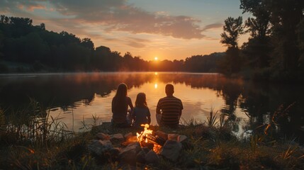 Serene Family at Dusk by the Lake - Powered by Adobe
