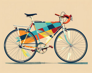 Fototapeta premium A bicycle in geometric art retro theme background. Minimal geometric elements. Vintage abstract shapes vector illustration.