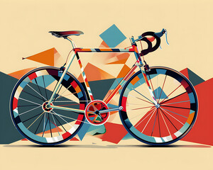 Fototapeta premium A bicycle in geometric art retro theme background. Minimal geometric elements. Vintage abstract shapes vector illustration.
