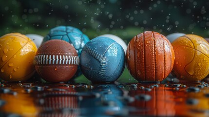 sport equipment and balls in front of black background