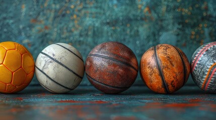 sport equipment and balls in front of black background