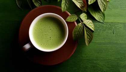 matcha tea in a cup on a green wooden background; healthy drink, place for text or logo close-up top view