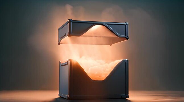 Futuristk surprise black box with light on dark smoky background