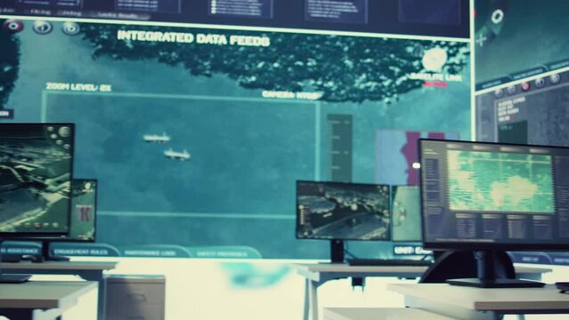 Empty military operation room headquarters with a big screen and desks used for reconnaissance and national safety missions, oversight on a world map. Army intelligence gear and CCTV footage.