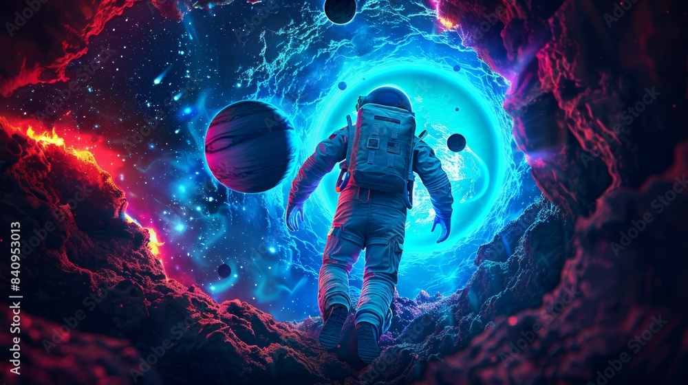Poster a man in a spacesuit is walking through a tunnel in space, space-time portal