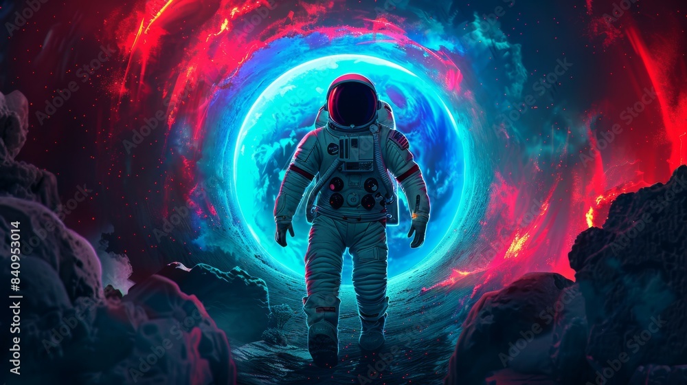 Poster a man in a spacesuit is walking through a tunnel, space-time portal