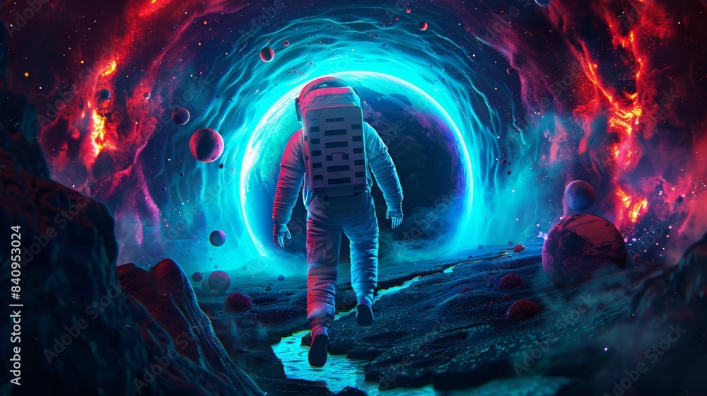 Poster a man in a spacesuit is walking through a tunnel in space, space-time portal