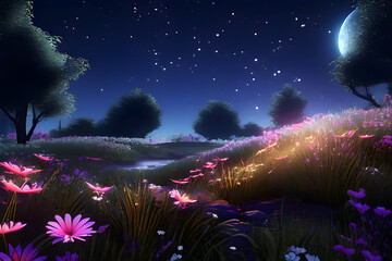 Fototapeta premium Photorealistic meadow with flowers that emit a soft, luminous glow at night.