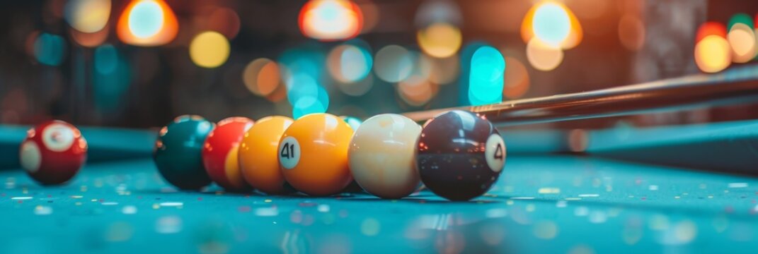 Neon lit billiard table with cue and pool balls under vibrant neon light ambiance