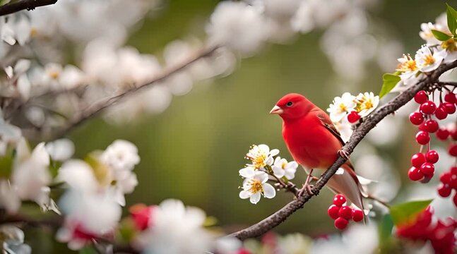 Red canary bird perched on the branch of a cherry blossom tree