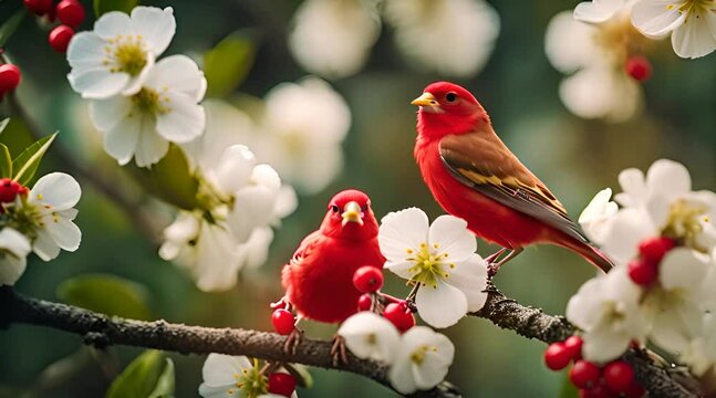 Red canary bird perched on the branch of a cherry blossom tree
