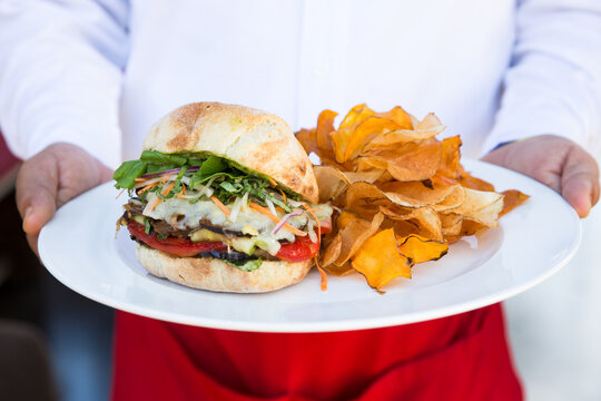 Server holding a plate with a vegetable panini sandwich with a side of sweet potato fries. 