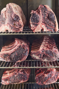 aged raw meat on refrigerator rack