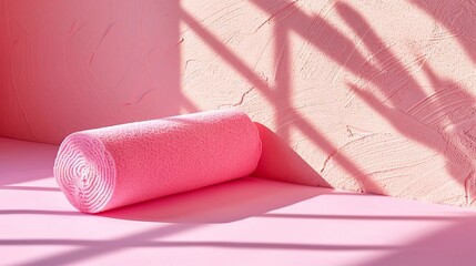 Obraz premium single foam roller in the upperleft third on a pastel pink background